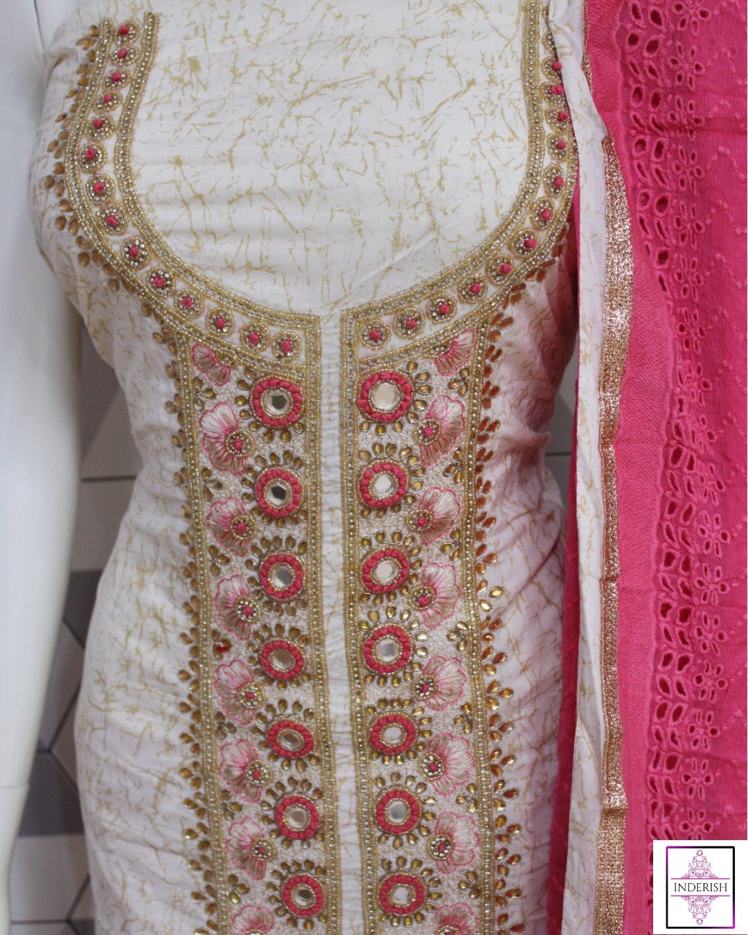 Cotton White Designer Handwork Printed Jaipuri Suit