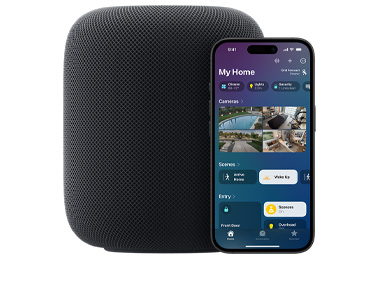 A Midnight HomePod with iPhone showing 'My Home' UI on the Home app