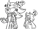 Size: 1024x768 | Tagged: safe, artist:loser_boy505, shadow the hedgehog, sonic the hedgehog, 2025, black and white, coat, cross popping vein, duo, exclamation mark, gay, heart, lidded eyes, line art, looking at them, looking offscreen, monochrome, mouth open, question mark, redesign, scarf, shadow x sonic, shipping, simple background, smile, top surgery scars, trans male, transgender, white background