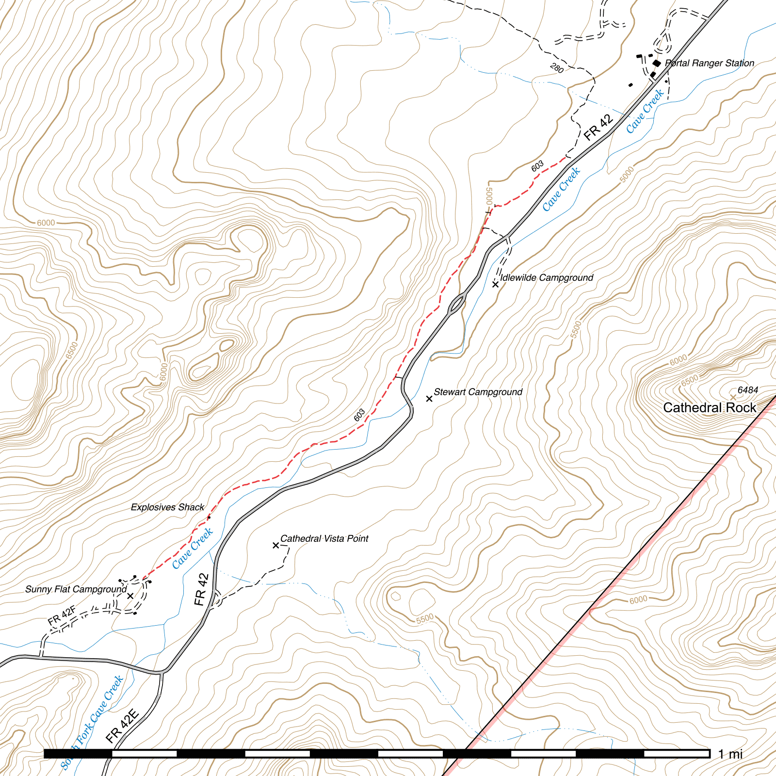 Topographic map of Cave Creek Nature Trail #603