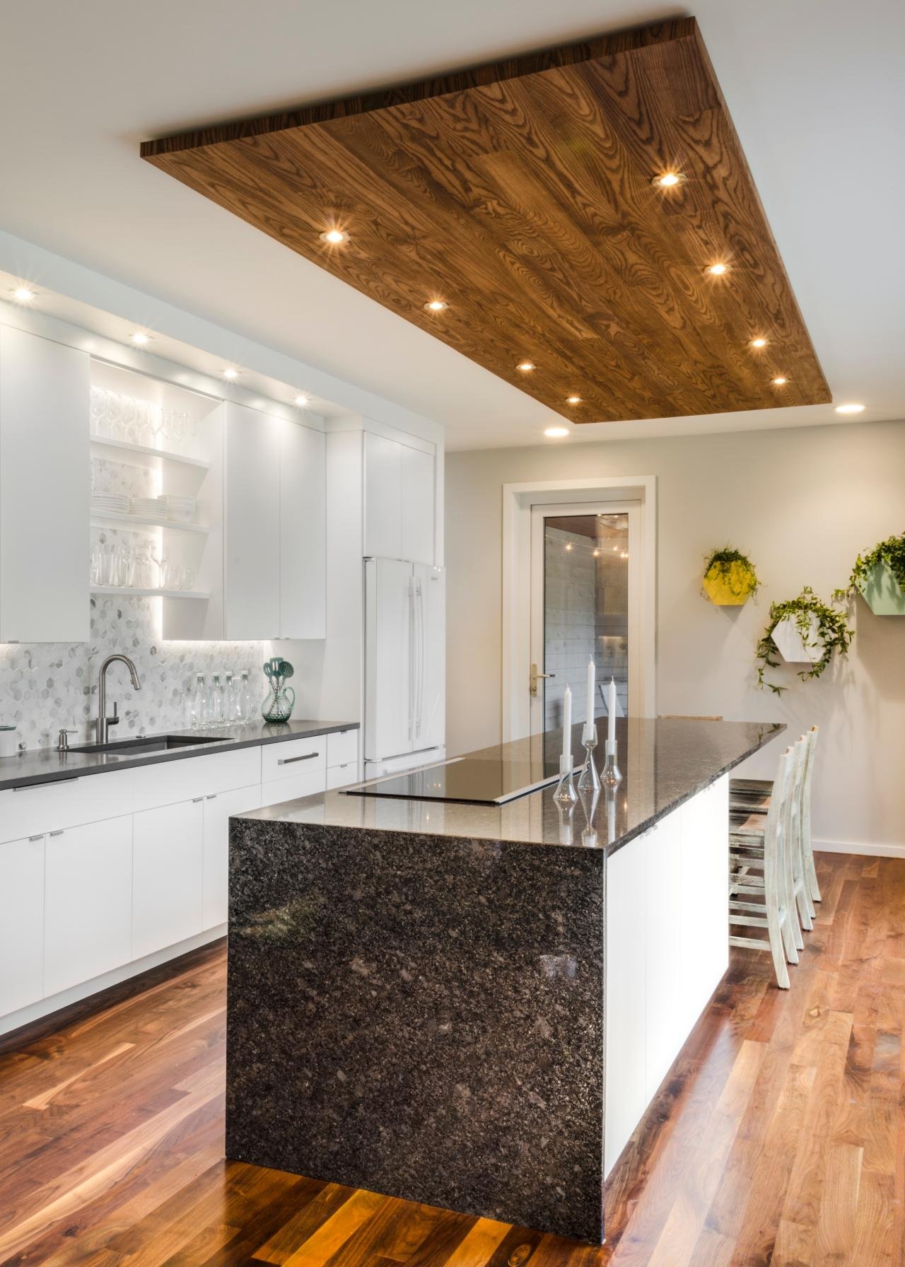 White Kitchen with Wood Ceiling