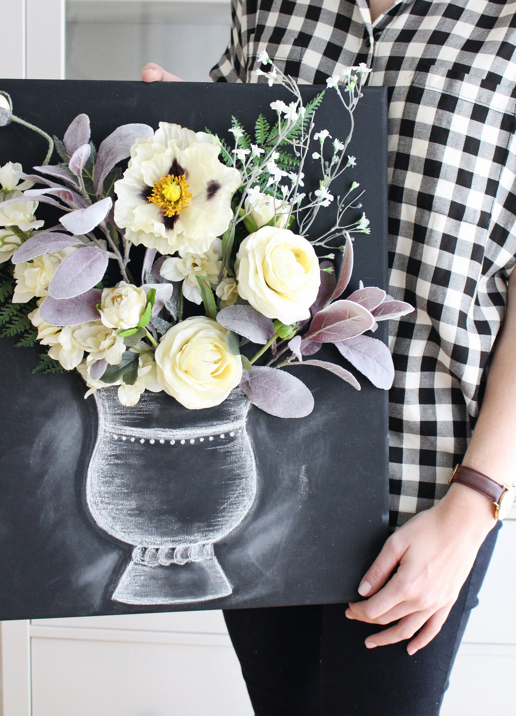 Combine flowers with chalk art to create this stunning 3-D flower canvas wall art on Lily & Val Living.