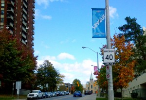 Gladstone Avenue at Preston Street is a pleasant residential area, lined with trees and banners