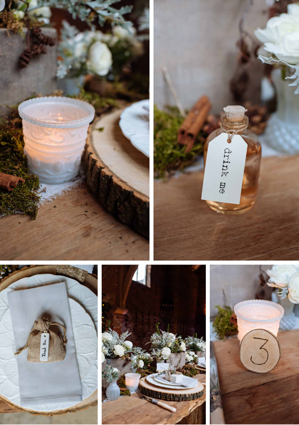 rustic winter woodland wedding table decorations