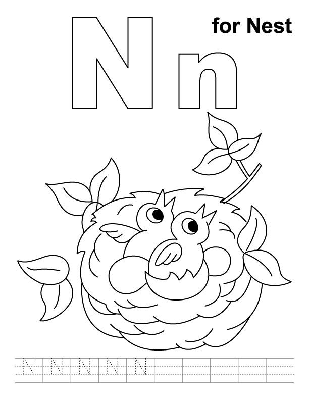 N for nest coloring page with handwriting practice | Download Free 