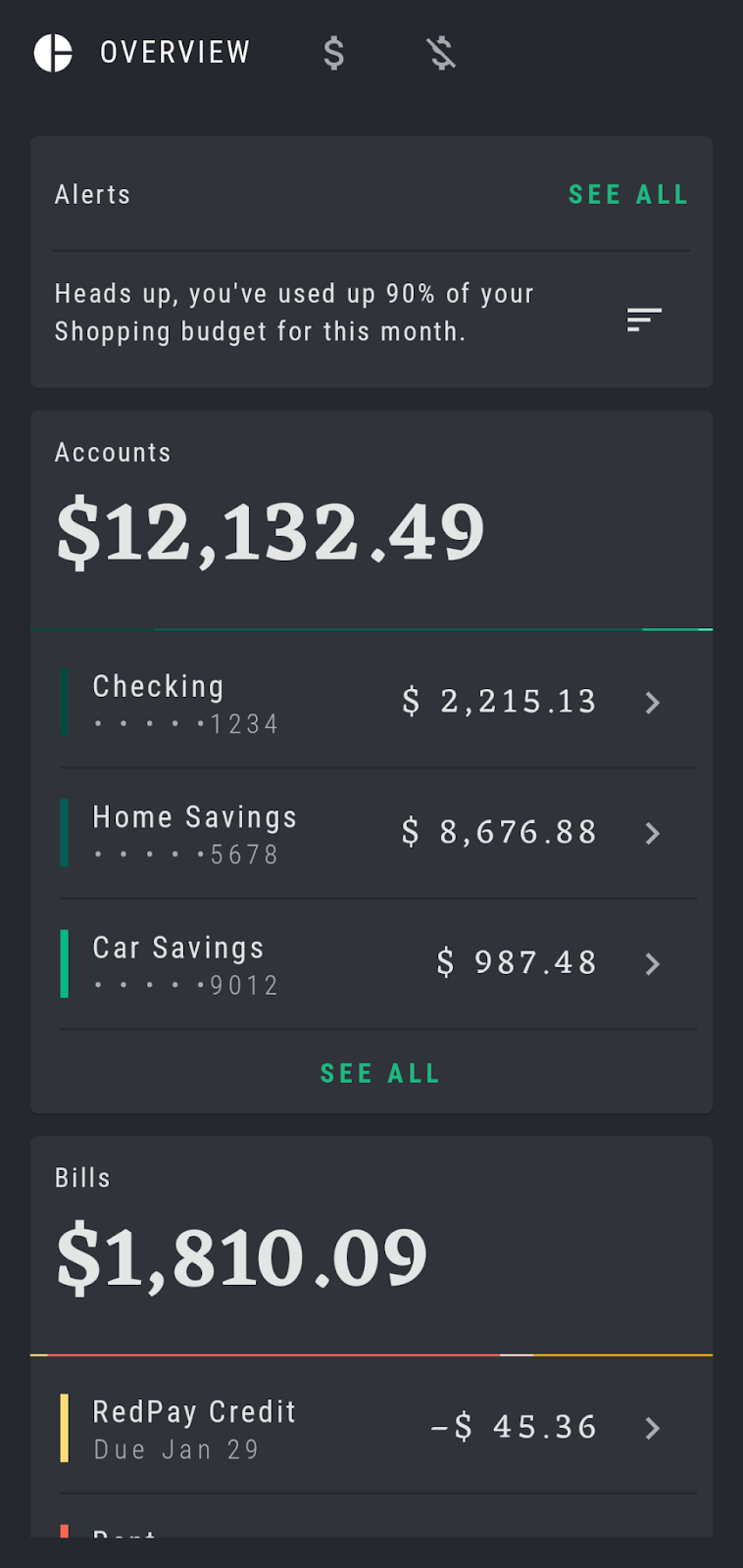 Screenshot of the overview screen containing information on Alerts, Accounts and Bills.