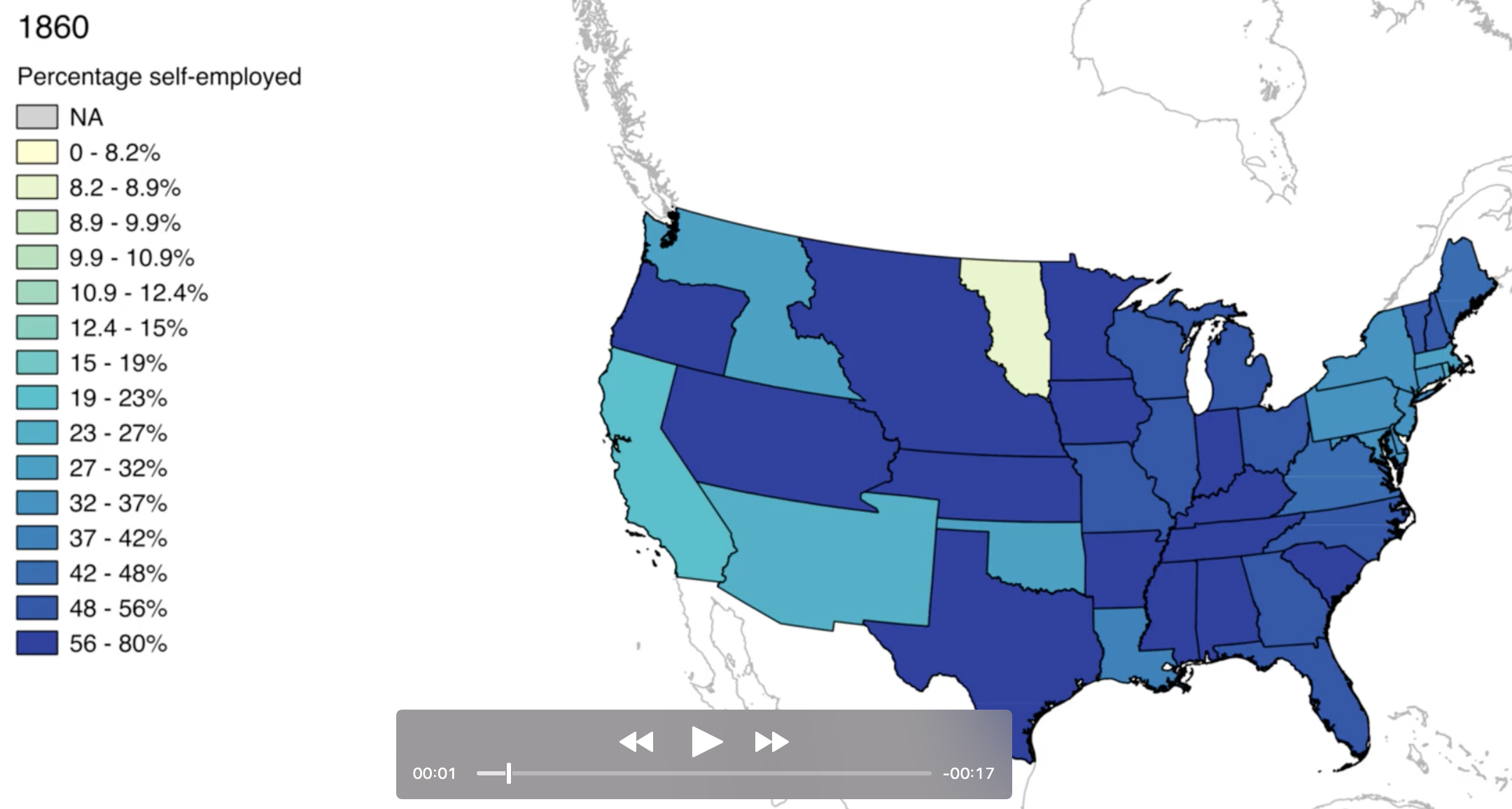 Figure 3. Still of an animation of changes in self-employment in the US, 1850-2013