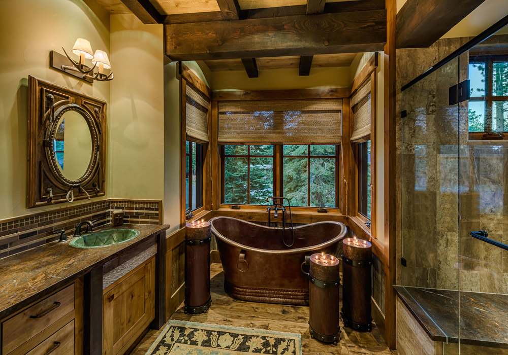 Mountain Rustic Bathroom Featuring Copper Bathtub