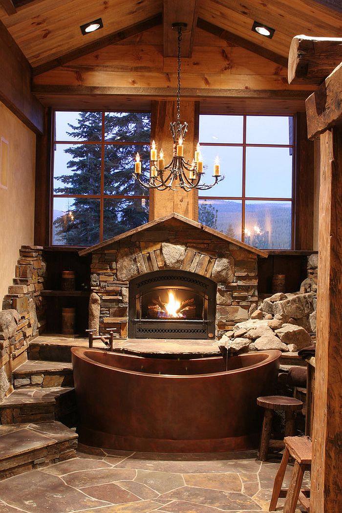 Rustic Cabin Style Bathroom with Copper Bathtub