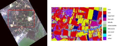 Figure 1: RGB representation of an MIVIS ((Multispectral Infrared and Visible Imaging Spectrometer)) image (left) and the corresponding cultivated areas classified by WAGRIT (right).