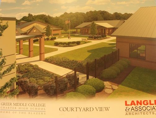 This is the rendering of Greer Middle College Charter High School provided by David Langley of Langley Associates Architects of Greer. Two buildings are for academics, one for administration and the other a gymnasium/cafe.