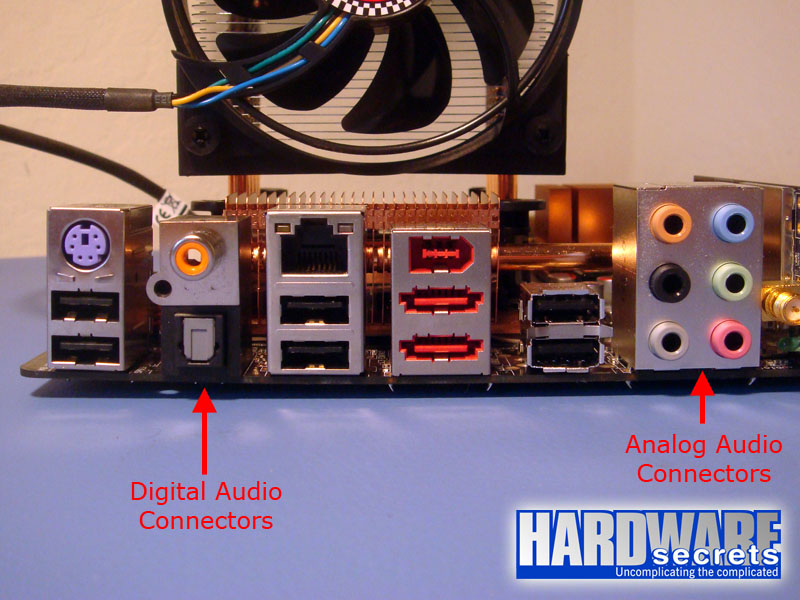 Connectors found on the rear panel of a motherboard (ASUS P5K-E)