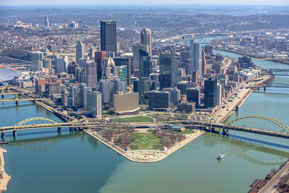 The rivers split in this aerial view of Pittsburgh