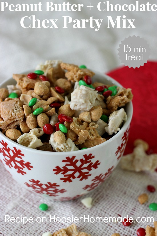 Peanut Butter & Chocolate Chex Party Mix | 15 minute treat | Recipe on HoosierHomemade.com