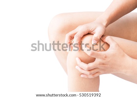 Closeup woman hand hold knee with pain symptom, health care and medical concept