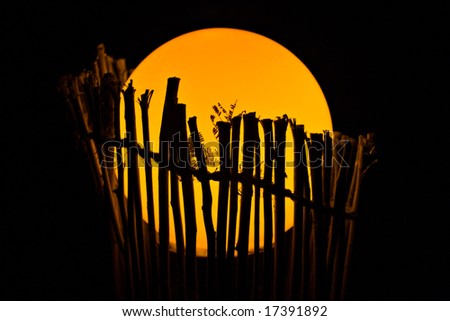 silhouette of abstract globe of light stuck in a handmade support made from branches