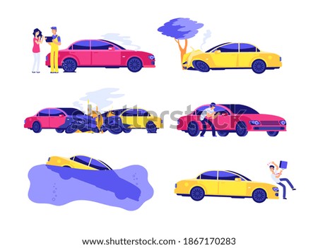 Car insurance accidents. Damaged crash fire flood thief cars accident auto insurance finance security automobile infographics