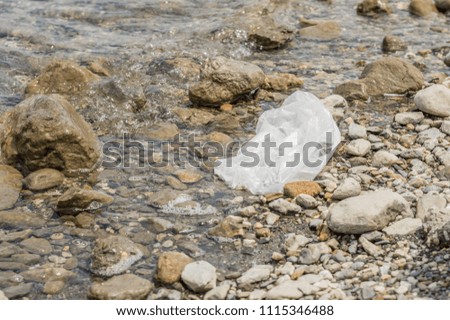 Empty plastic bag dumped in the water. Pollution concept.