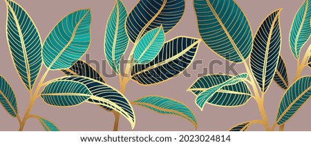 Golden leaves line art pink background vector. luxury gold abstract wallpaper with blue and tidewater green color. Design for prints, Home decoration, fabric and cover design. vector illustration.