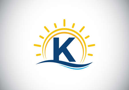 Initial K monogram alphabet with abstract sun and wave. Ocean sun logo design. Font emblem. Modern vector logo for business, and company identity