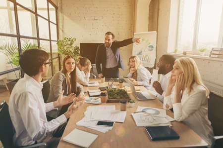 You fired. Angry executive man have conference boardroom scream collar miss way-out crisis plan deadline prepare point finger copyspace wear formal outfit in workplace coaching workstation