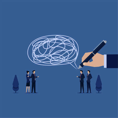 Business flat vector concept man talk with big bubble chat and big tangled thread inside metaphor of miss communication.