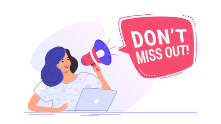 Do not miss out loudspeaker banner to remind something for a community. Flat line vector illustration of cute woman sitting with laptop and shouting with red megaphone. Announcement or alert on white