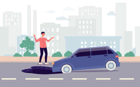 Car in highway falling into asphalt hole - cartoon man looking in shock at automobile pothole accident on cityscape backdrop. Flat vector illustration.