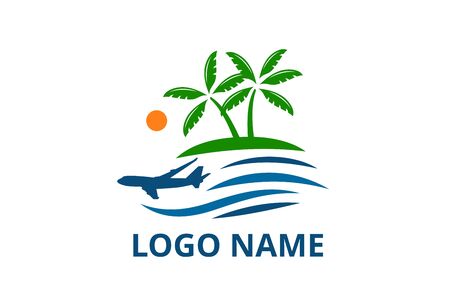 plane logo design leaving beach in tropical island concept icon for touring trip travel tourism agency. Summer holiday logo with ocean, tree.