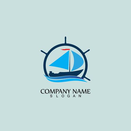 Ship and Boat Helm Steering Wheel on The Wave Water Ocean Logo Symbol