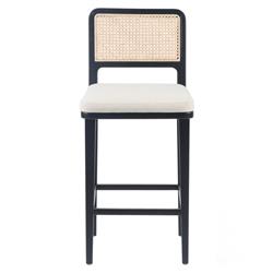 Vin Coastal White Upholstered Cushion Natural Woven Cane Black Wood Counter Stool