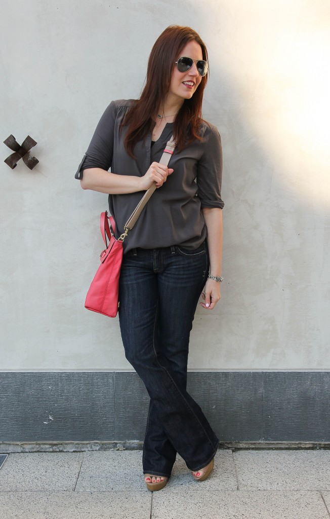 casual weekend outfit for spring - flared jeans and wedge sandals