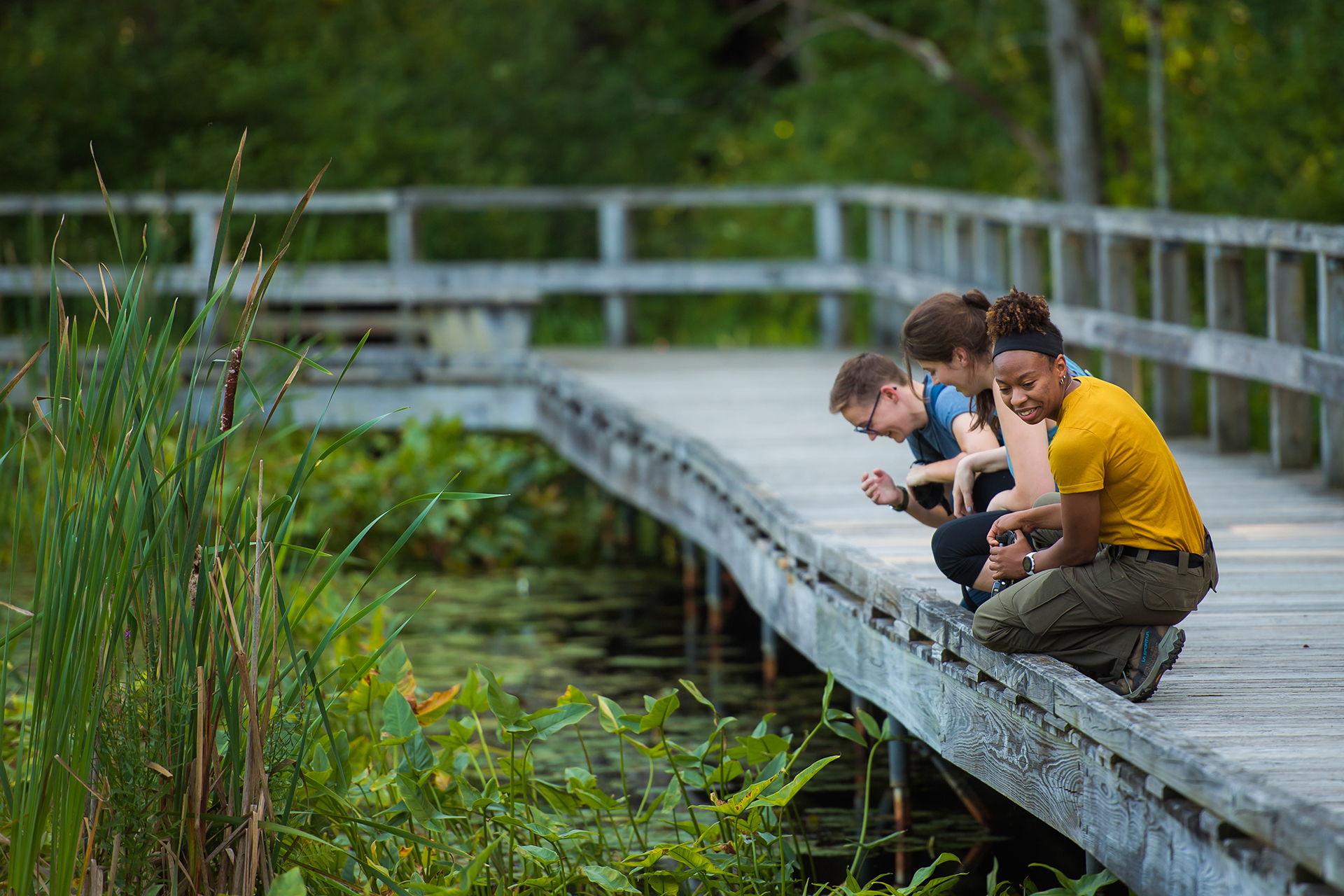 Three young adults kneeling on a boardwalk