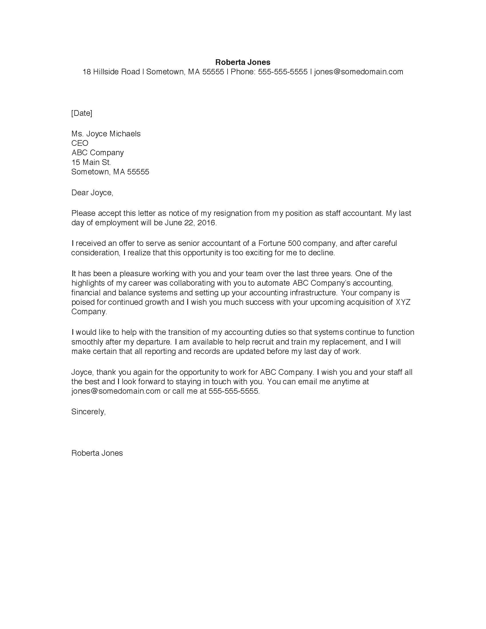 Draft Letter Of Resignation Template