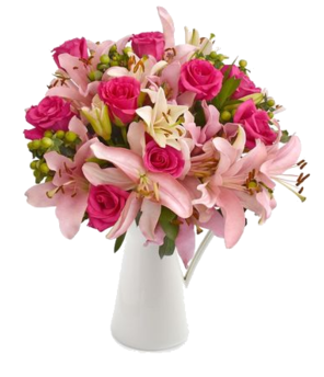 Fleurs - Vase blanc fleurs rose et lys rose