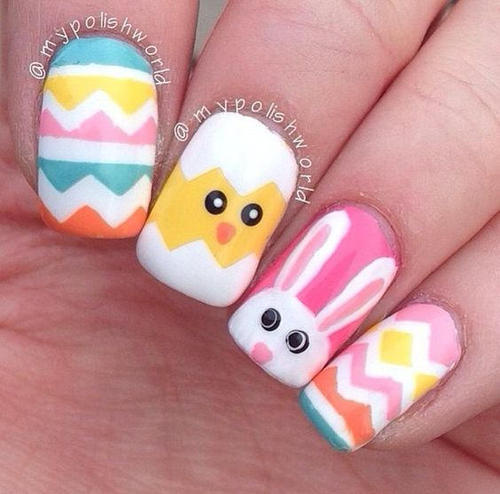 easter-nail-design-with-rabbit-and-chicken