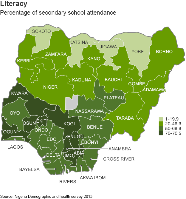 Map showing literacy rates across Nigeria