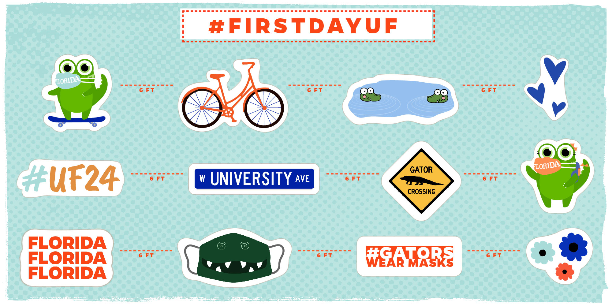 first day art of gators wearing masks, bicycles, gator crossing sign