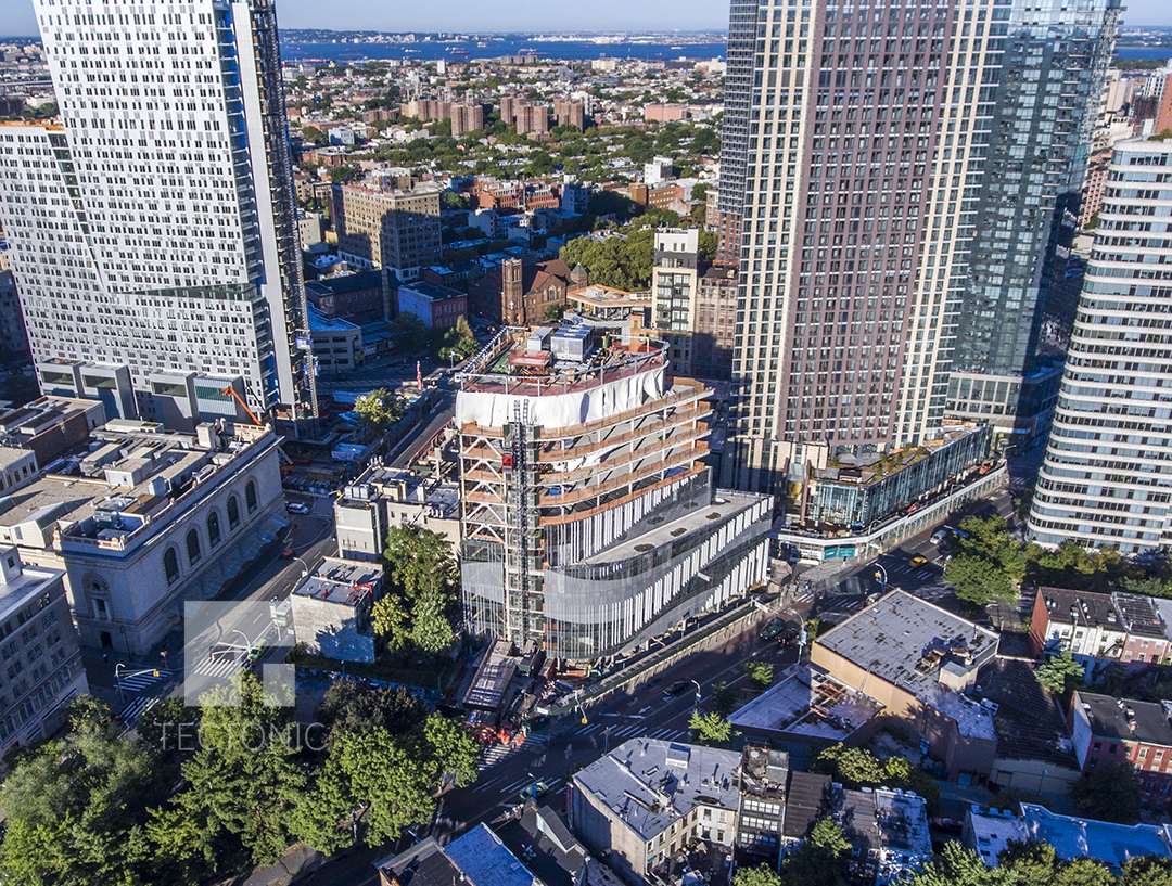 An overhead drone shot of 620 Fulton Street, courtesy of Tectonic