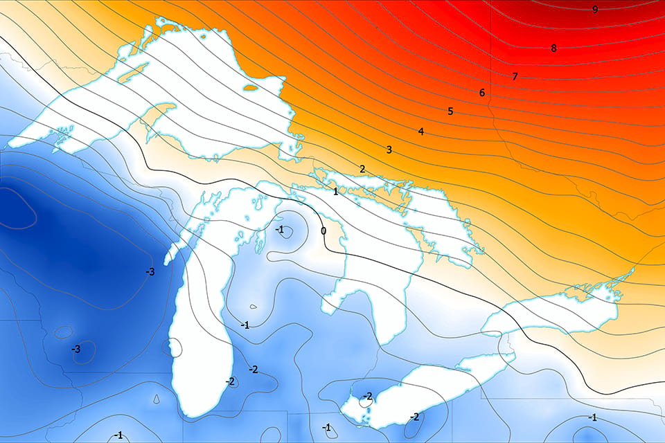 image displaying the resulting tilting of the region as determined by high accuracy GPS measurements in units of mm/year. Credit: M. Craymer and C. Wisotzkey, 2021.