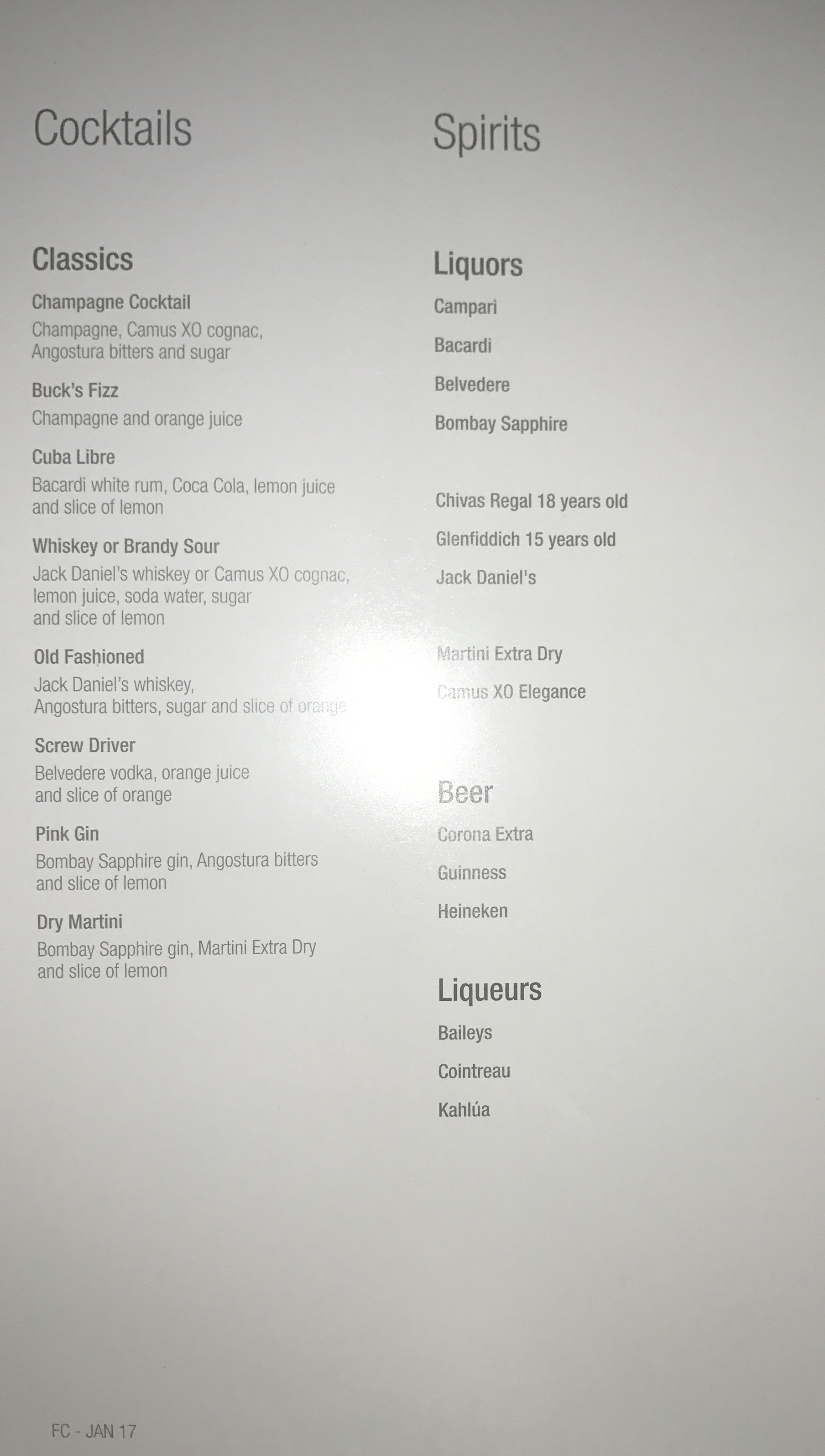 a menu with black text