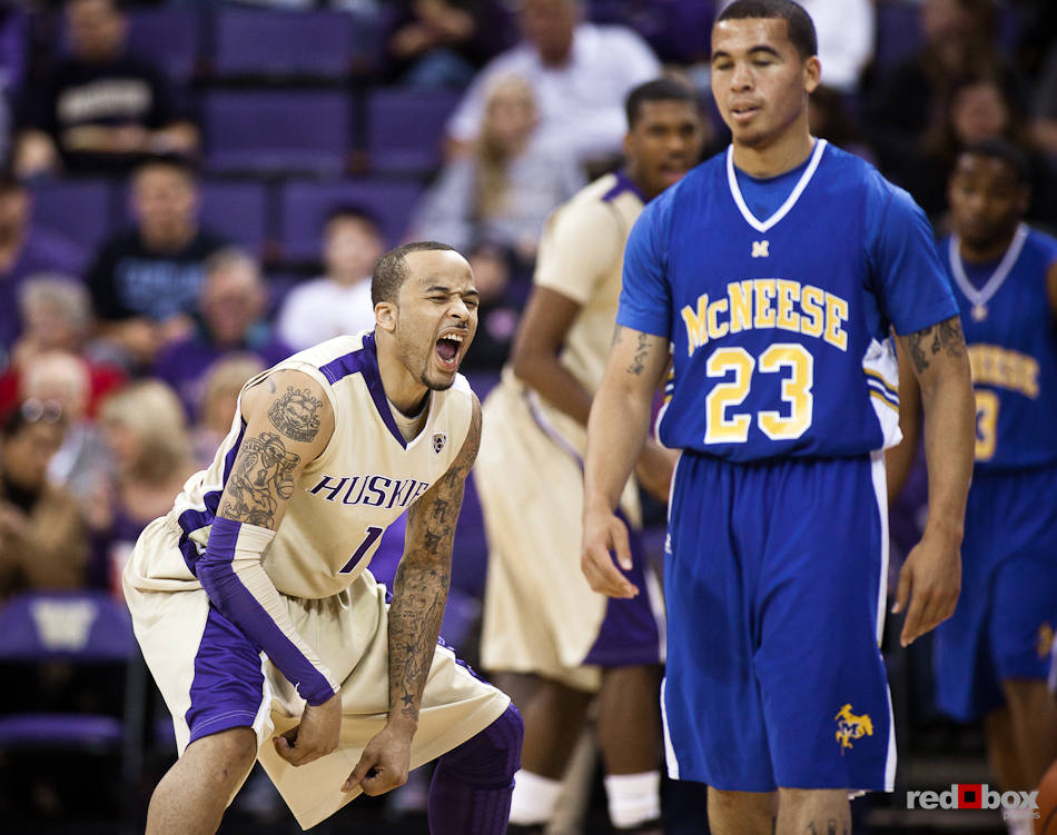 Venoy Overton, a guard for the Washington Huskies' basketball team, reacts to a call during the men's basketball season opener against McNeese State at UW's Hec Edmundson Pavilion. (Photo by Dan DeLong/Red Box Pictures)