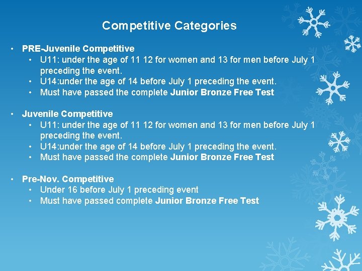 Competitive Categories • PRE-Juvenile Competitive • U 11: under the age of 11 12