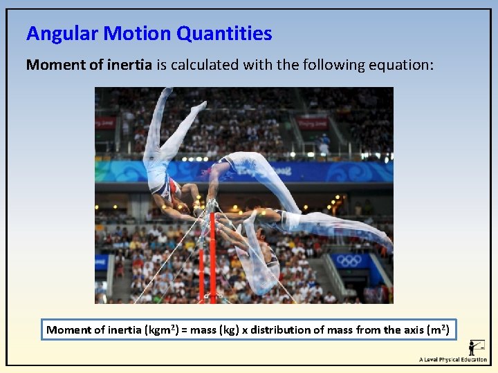 Angular Motion Quantities Moment of inertia is calculated with the following equation: Moment of