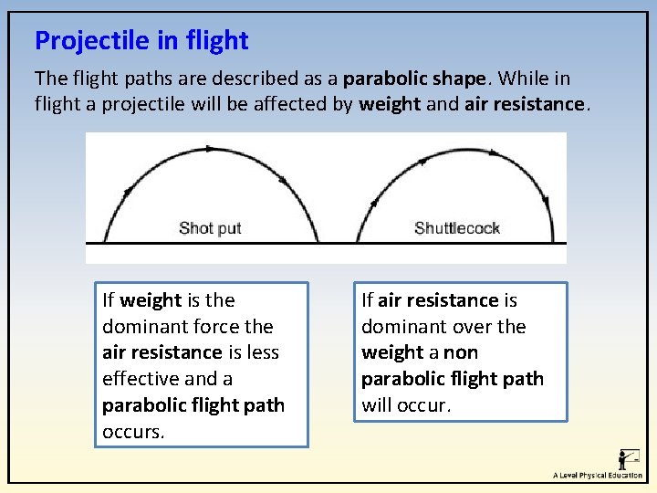 Projectile in flight The flight paths are described as a parabolic shape. While in