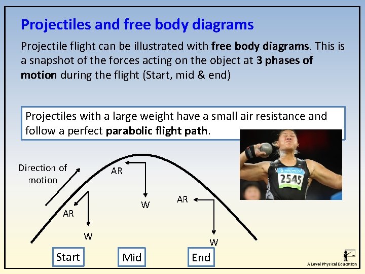 Projectiles and free body diagrams Projectile flight can be illustrated with free body diagrams.