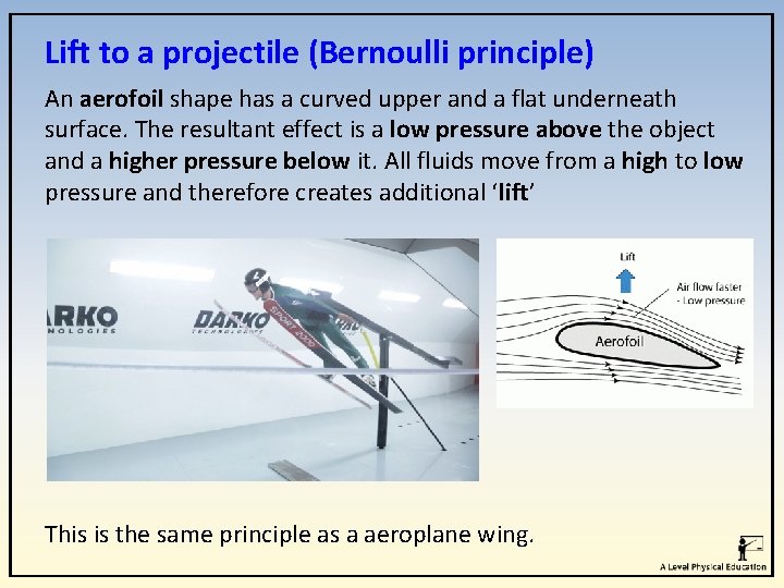 Lift to a projectile (Bernoulli principle) An aerofoil shape has a curved upper and