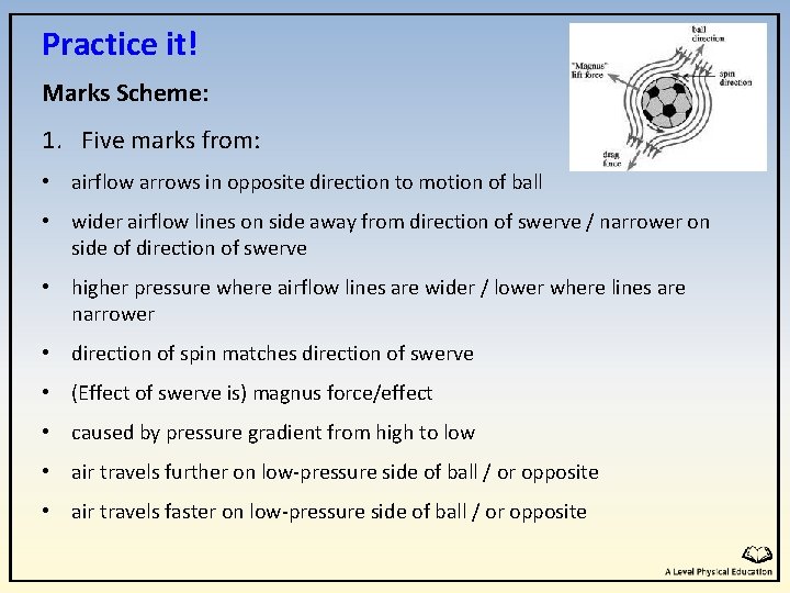 Practice it! Marks Scheme: 1. Five marks from: • airflow arrows in opposite direction