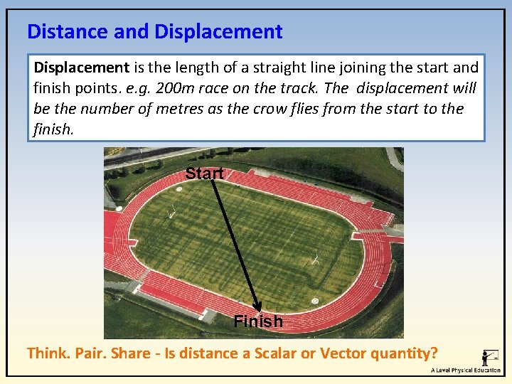 Distance and Displacement is the length of a straight line joining the start and