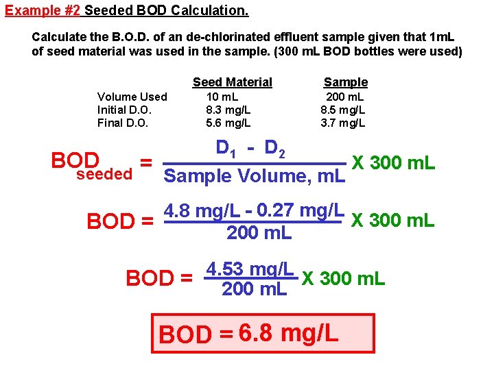 Example #2 Seeded BOD Calculation. Calculate the B. O. D. of an de-chlorinated effluent